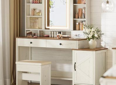 Vintage Dressing Table with Mirror and Lighting with Stool 2 Drawers, Jewellery Storage