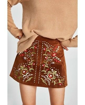 Zara Leather Embroidered Mini Skirt