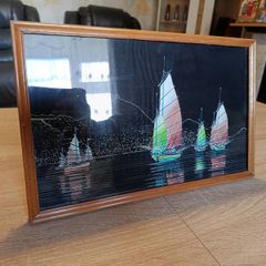 Vintage Hong Kong Harbor Junk Ships Art C Yuen Tsu