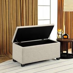 Rectangular Ottoman Polyester Storage box and Entryway Bench, Foot stool, Beige, 42 x 91 x 43 cm W x D x H