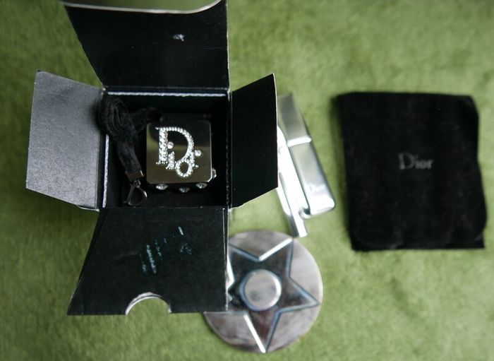 Christian Dior Play Swarovski Diamond Cube Lip Gloss Charm and CHRISTIAN DIOR Lucky Star makeup hand mirror compact brush
