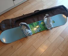snowboard, bindings and bag