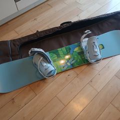 snowboard, bindings and bag