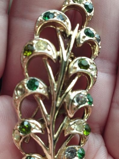 Vintage Brooch with Green Rhinestones.