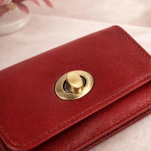 Premium Genuine Leather Wallet for Women Stylish Red Clutch Wallet with Button Closure