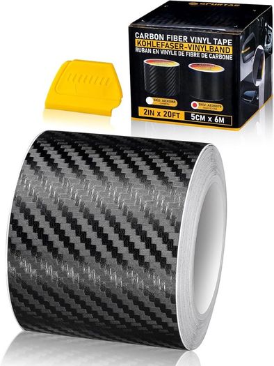 Carbon Fiber Vinyl Tape, 5 cm x 6M (2 Inch x 20ft) Universal Chrome Black Dry Carbon Fiber Detailing Tape Overlay Wrap Roll DIY 3D Carbon Car Door Edge Guard Protective Anti-Scratch Sticker