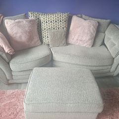 Grey Fabric 2-Seater Sofa & Footstool