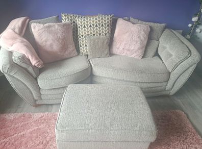 Grey Fabric 2-Seater Sofa & Footstool