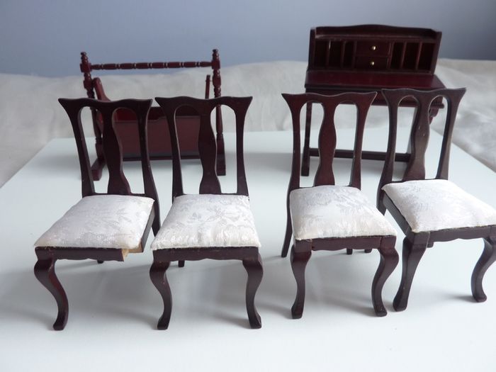 Vintage wood doll's house dining room furniture & tableware