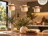 3 Light Travertine Pendant Ceiling Light with Natural Wood Accents Japandi Style