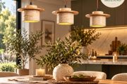 3 Light Travertine Pendant Ceiling Light with Natural Wood Accents Japandi Style