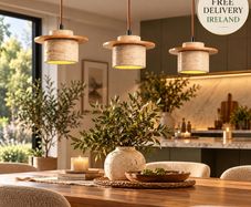 3 Light Travertine Pendant Ceiling Light with Natural Wood Accents Japandi Style