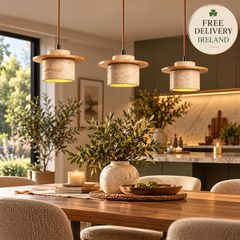 3 Light Travertine Pendant Ceiling Light with Natural Wood Accents Japandi Style