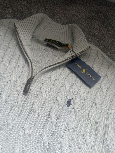 Ralph Lauren Light Grey Cable Knit Quarter Zip, Size XL Men's