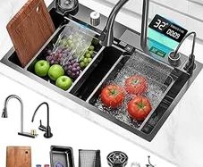 Drop-in Waterfall Sink Workstation with Faucet Combo and Cup Washer, 26.7" x 17.6" x 7.9" Stainless Steel Waterfall Bowl, Modern Smart Undermount Kitchen Unit, for Household Use, Gun Grey
