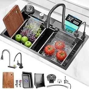 Drop-in Waterfall Sink Workstation with Faucet Combo and Cup Washer, 26.7" x 17.6" x 7.9" Stainless Steel Waterfall Bowl, Modern Smart Undermount Kitchen Unit, for Household Use, Gun Grey