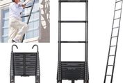 Telescopic Ladder, 5.0 m, Aluminium Folding Ladder with Hooks, Folding Step Boards