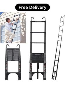 Telescopic Ladder, 5.0 m, Aluminium Folding Ladder with Hooks, Folding Step Boards