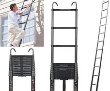 Telescopic Ladder, 5.0 m, Aluminium Folding Ladder with Hooks, Folding Step Boards