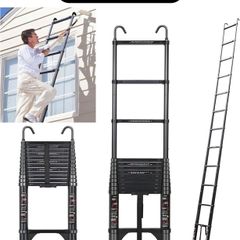Telescopic Ladder, 5.0 m, Aluminium Folding Ladder with Hooks, Folding Step Boards