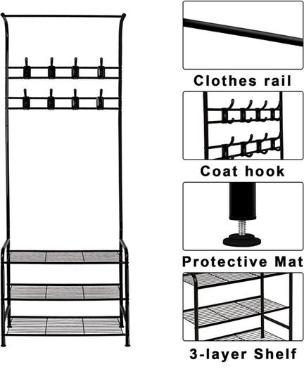 Coat Rack Stand with Shoe Rack and Removable 16 Hooks Free Standing Hall Tree Matte Steel Frame Hat Rack Coat Stand for Storage (FREE POSTAGE)