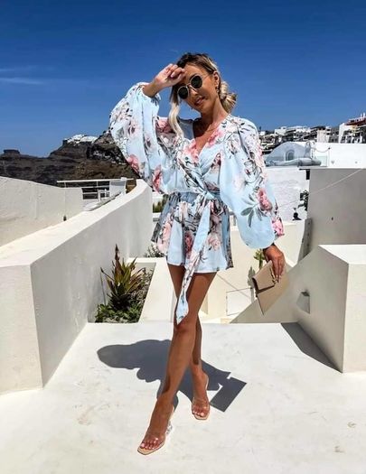 Blue set of chiffon tied top and shorts