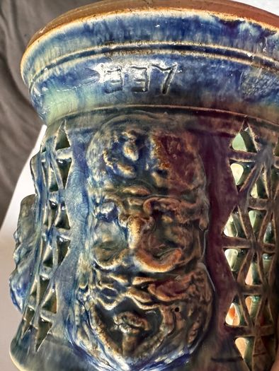 Rare Michael Kennedy Studio Pottery River of Ireland For-Faced Lidded Jar