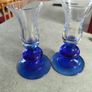 Vintage set of 2 Duiske Irish Handcut Glass Cobalt Blue/Clear Etched Vine Candle Holder Image 6