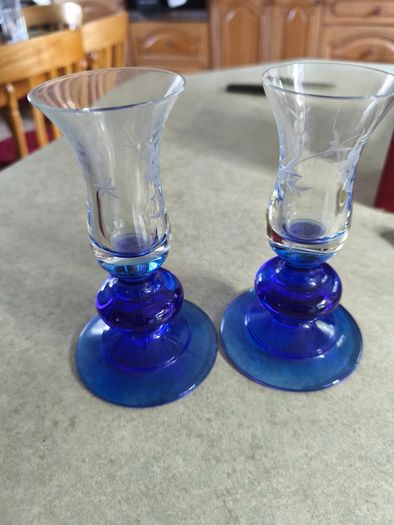 Vintage set of 2 Duiske Irish Handcut Glass Cobalt Blue/Clear Etched Vine Candle Holder