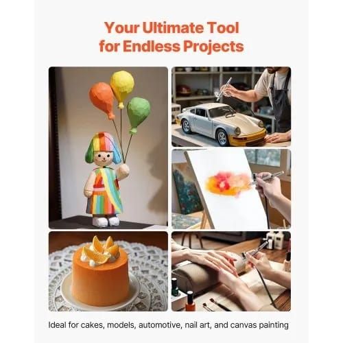 Airbrush Kit, 1/6 HP, Air Brush Kit with Air Compressor, 1 Dual-Action Professional Airbrush with 3 Tips, Hose, Acrylic Paint, Brush, Low Noise, for Cake Decorating, Model Painting, Nail Art