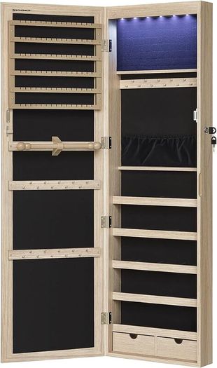 Jewellery cabinet  Hanging Jewellery Cabinet Wall Mirror 6 LED Bulbs Lockable Mirror Cabinet Wall Mounted Door Hanging Oak