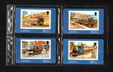 1989 Isle of Man Manx Telecom Railway Stamps 4 Phonecards (GPT - Magnetic) Set Folder Mint