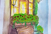 Watercolour painting -     Bench by the window A5