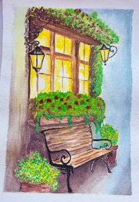 Watercolour painting -     Bench by the window A5