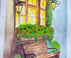 Watercolour painting -     Bench by the window A5