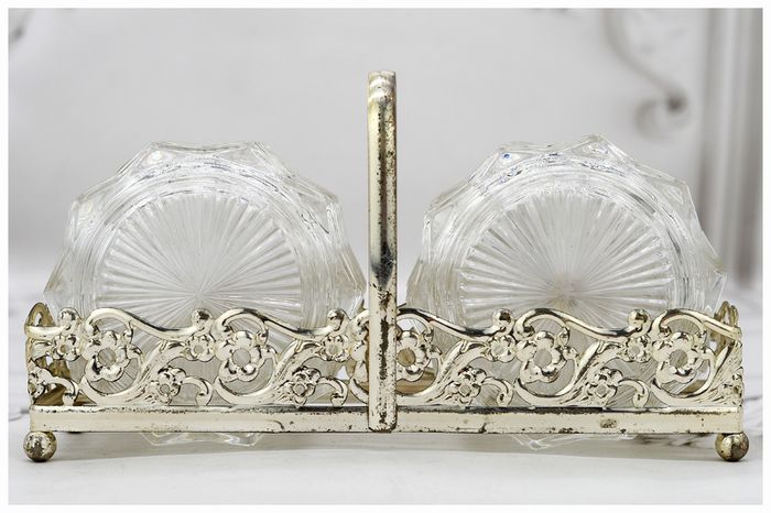 Vintage Midcentury Glass Coasters & Silver Holder-Set of Twelve