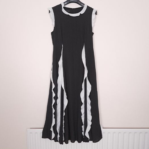 Apart Black White Ruffle Trim Colorblock Sleeveless A-Line Midi Dress 12UK/40EU