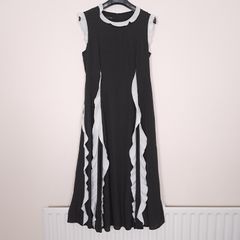 Apart Black White Ruffle Trim Colorblock Sleeveless A-Line Midi Dress 12UK/40EU