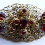 Vintage Ornate Oval Ruby Glass Domed Filigree Gold Tone Brooch Pin Image 2