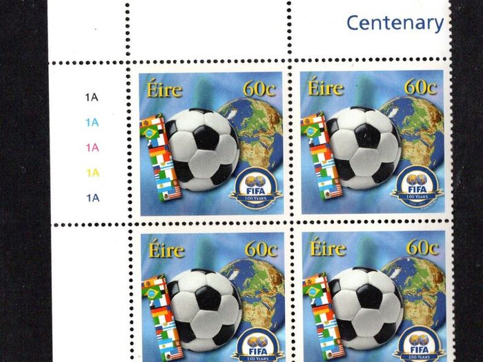2004 Ireland Centenary of FIFA (Federation Internationale de Football Association) Commemorative Stamp Plate Block 1A1A1A1A1A Mint Never Hinged (MNH)