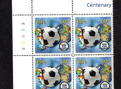2004 Ireland Centenary of FIFA (Federation Internationale de Football Association) Commemorative Stamp Plate Block 1A1A1A1A1A Mint Never Hinged (MNH)
