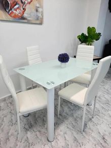Compact Glass Dining Table Set Seats 4, White