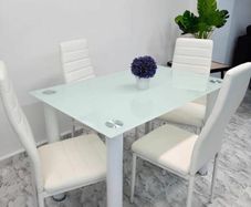 Compact Glass Dining Table Set Seats 4, White