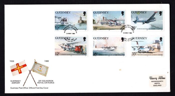 1990 Guernsey 50th Anniversary of Guernsey Airport (Nos 456, 458 & 460) and 201 Squadrons Affiliation with Guernsey (Nos 457, 459 & 461) Commemorative Stamps Official First Day Cover (FDC)