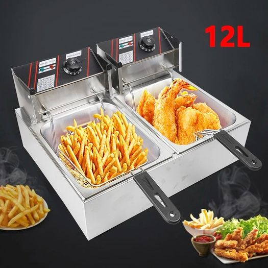 Stainless Steel Commercial Electric Fryer Stainless Steel Fryer 12L Electric Double Tank Double Sieve Machine for Chicken/Shrimp With Basket And Lid 12L 220v