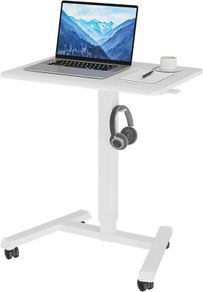 Mobile Standing Desk with 4 Rolling Castors Height Adjustable Desk on Wheels Portable Stand Up Desk Over Bed Table for Living Room Medical Use Space Saving White