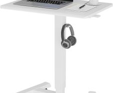 Mobile Standing Desk with 4 Rolling Castors Height Adjustable Desk on Wheels Portable Stand Up Desk Over Bed Table for Living Room Medical Use Space Saving White