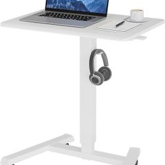 Mobile Standing Desk with 4 Rolling Castors Height Adjustable Desk on Wheels Portable Stand Up Desk Over Bed Table for Living Room Medical Use Space Saving White