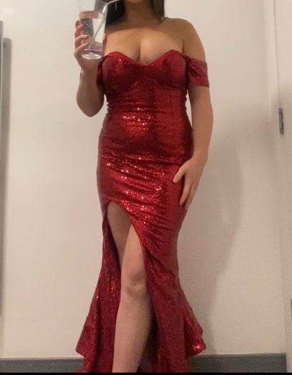 Red sequin off shoulder debs dress