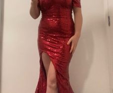 Red sequin off shoulder debs dress